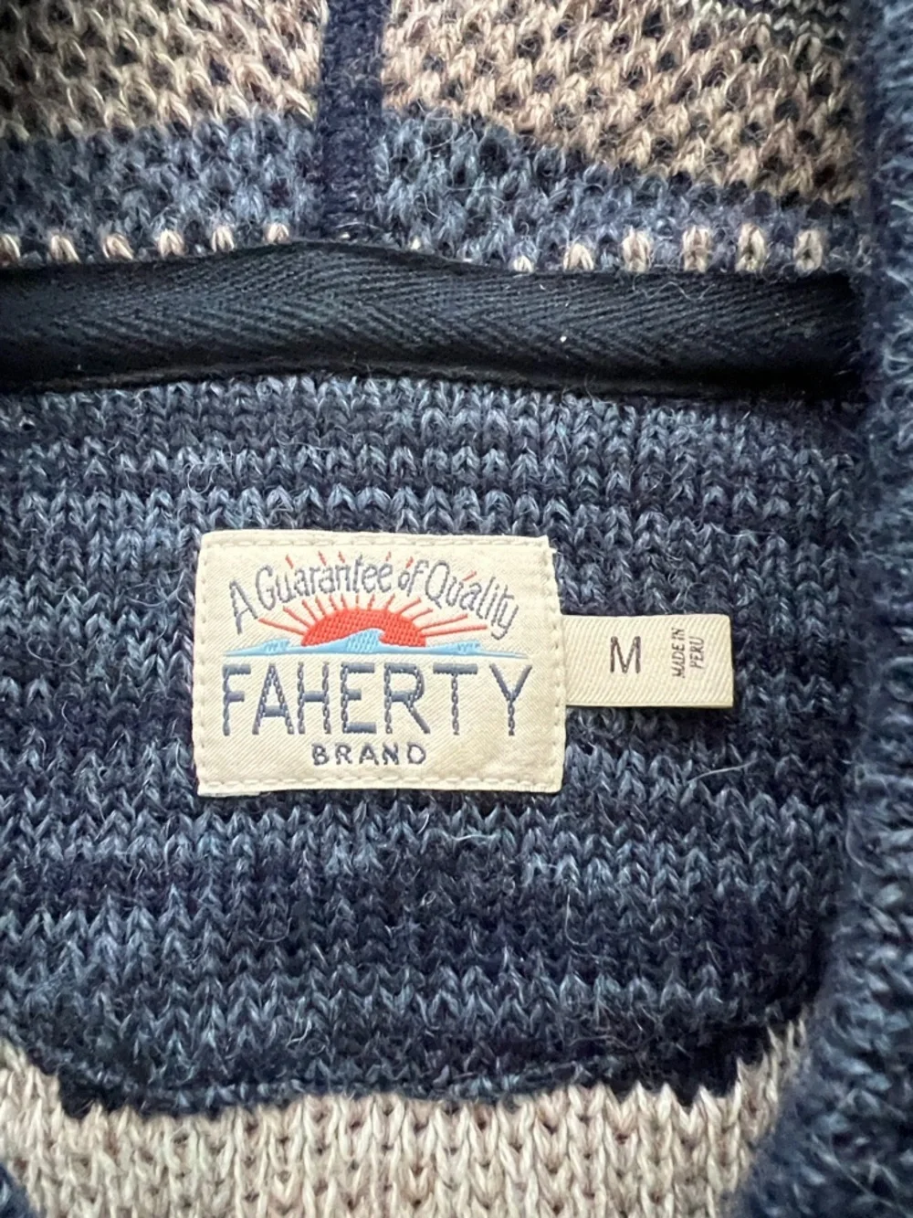 Faherty Men’s Baja Striped Knit Hooded Quarter Button Sweater Navy Tan - Size M